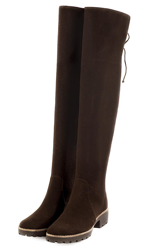 Dark brown women's leather thigh-high boots. Round toe. Low rubber soles. Made to measure. Front view - Florence KOOIJMAN